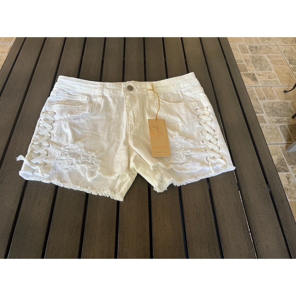 Aphrodite Denim Shorts women’s Mid Rise Distressed Destroyed Ripped Large white